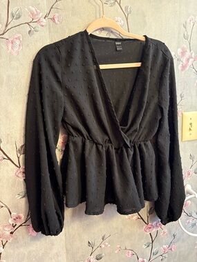 SHEIN Black Textured Wrap Peplum Blouse